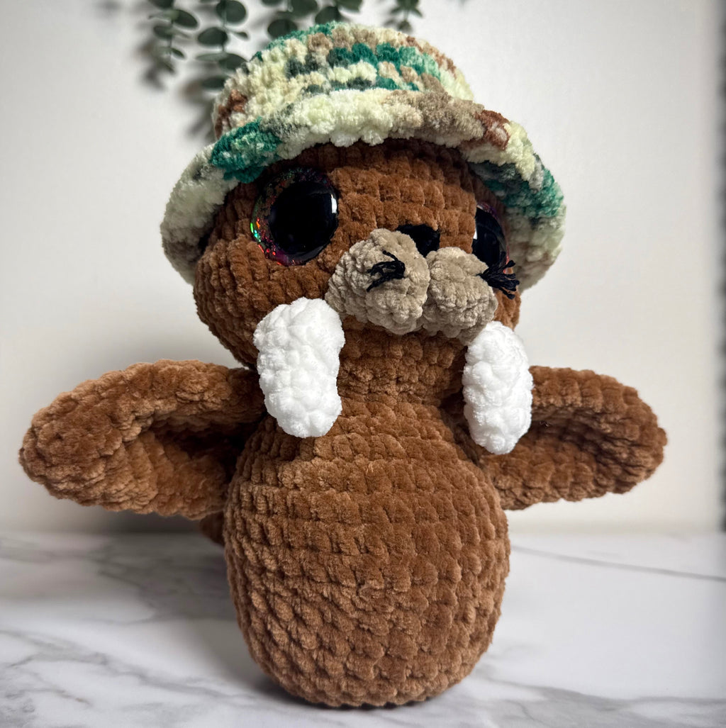 Handmade Crochet Walrus Plush with Bucket Hat | Salty Sea Pups Collection