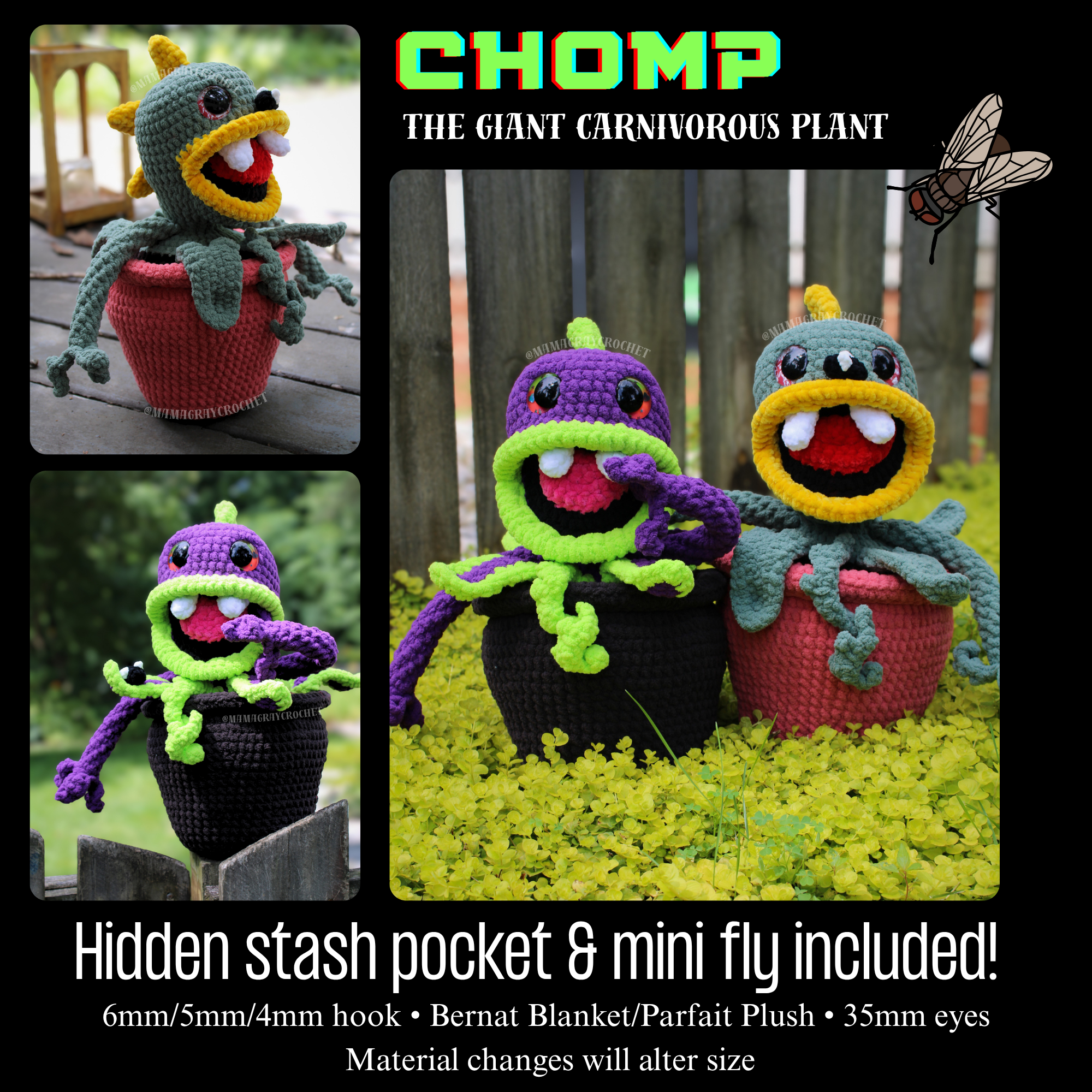 crocheted venus fly traps with big kawaii eyes
