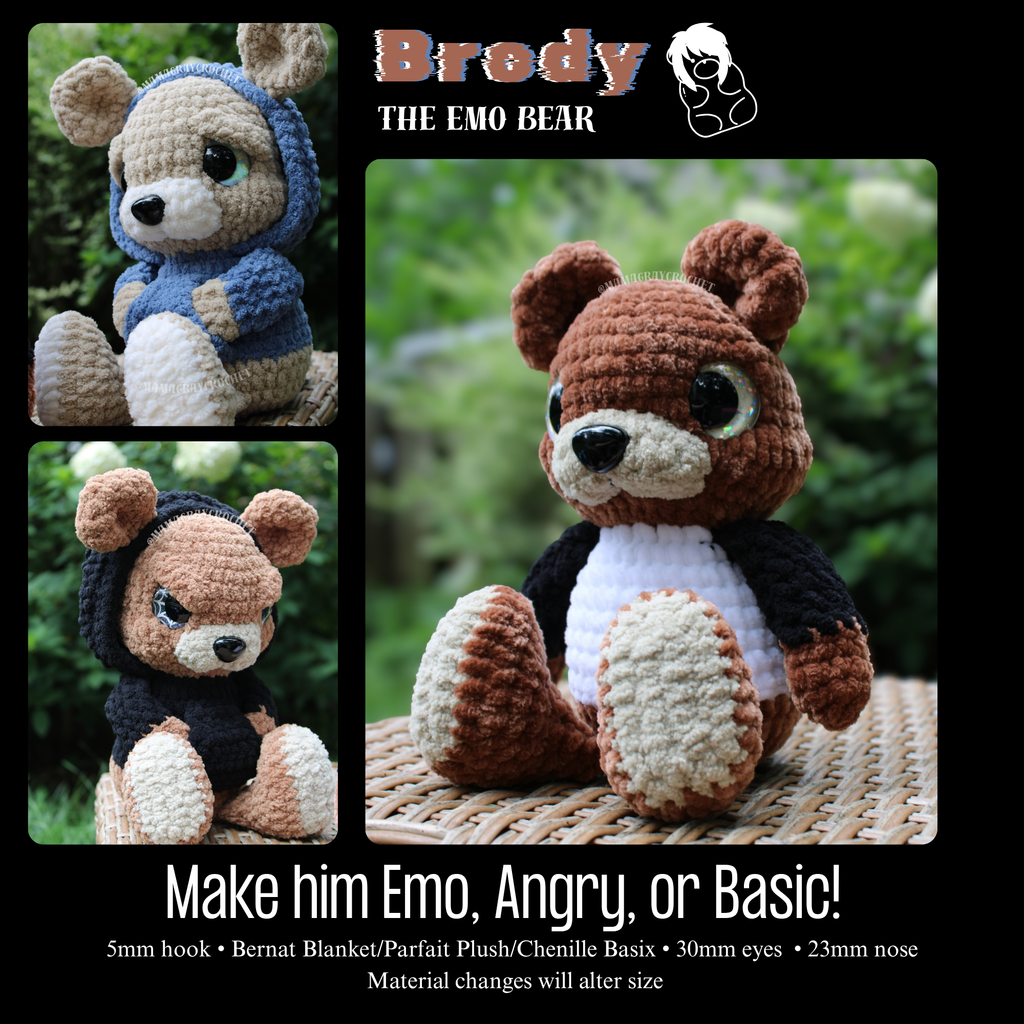 Brody the Emo Bear Crochet Pattern | 3-in-1 Plush Bear Amigurumi PDF | Spooky Cute Crochet