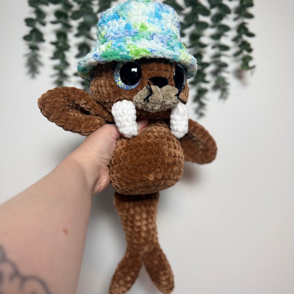 Handmade Crochet Walrus Plush with Bucket Hat | Salty Sea Pups Collection