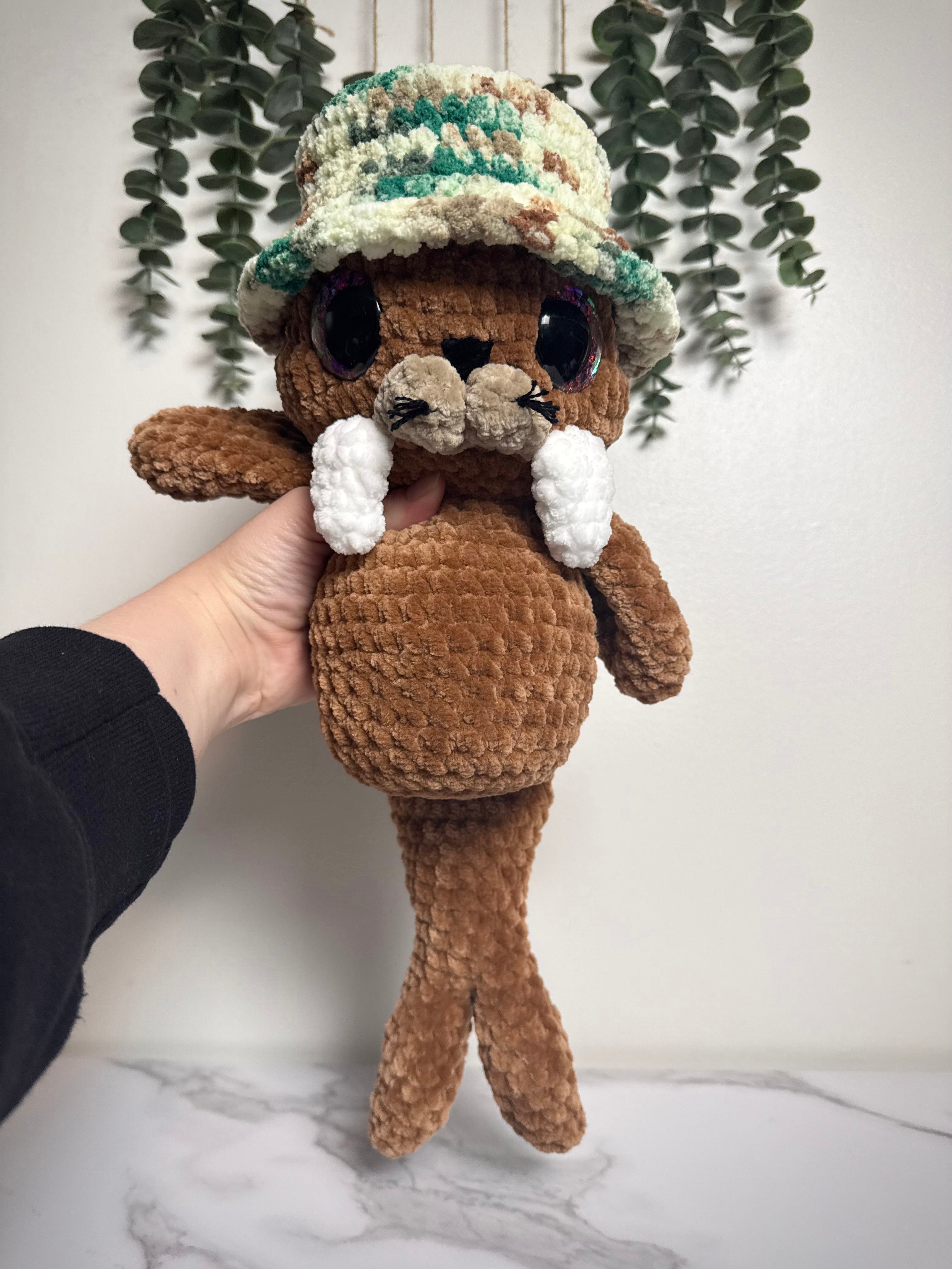 Handmade Crochet Walrus Plush with Bucket Hat | Salty Sea Pups Collection