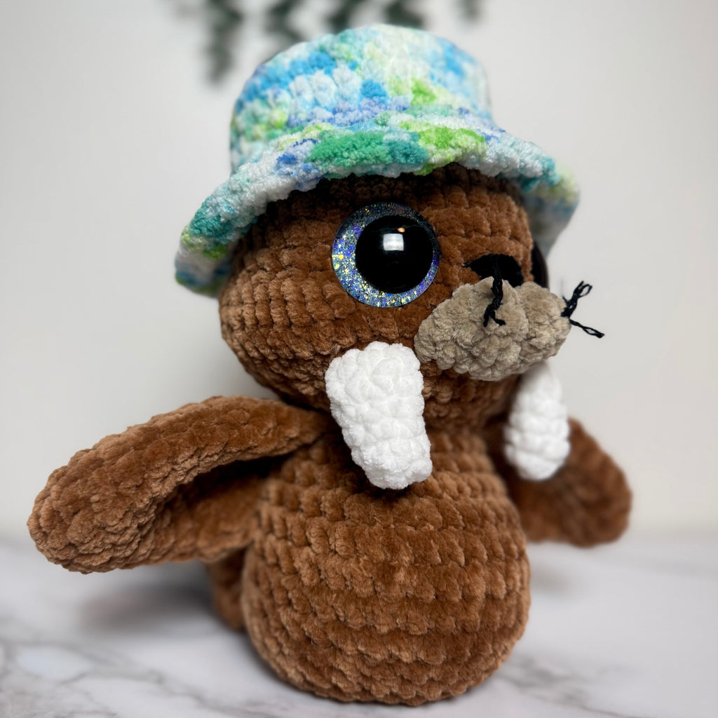 Handmade Crochet Walrus Plush with Bucket Hat | Salty Sea Pups Collection