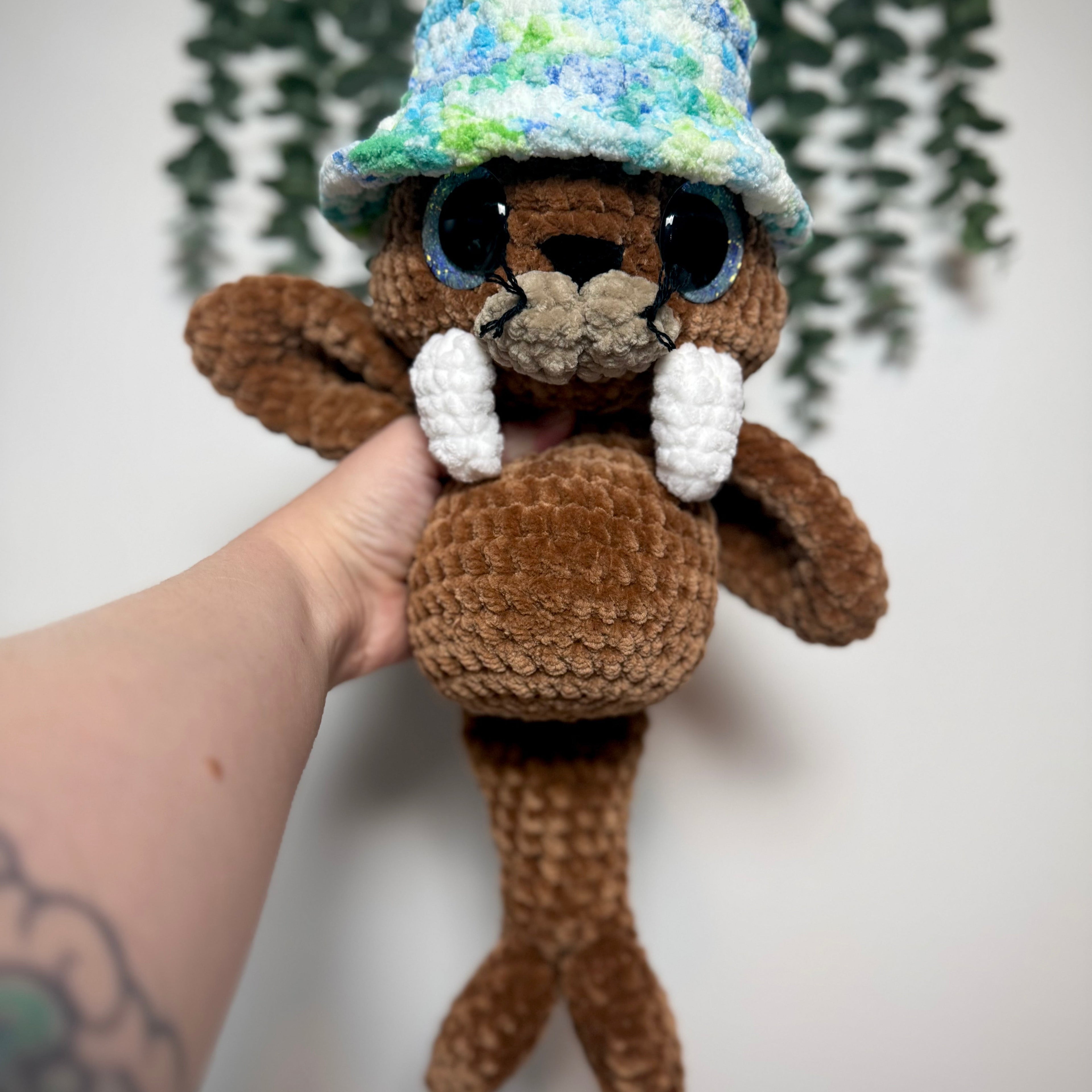 Handmade Crochet Walrus Plush with Bucket Hat | Salty Sea Pups Collection