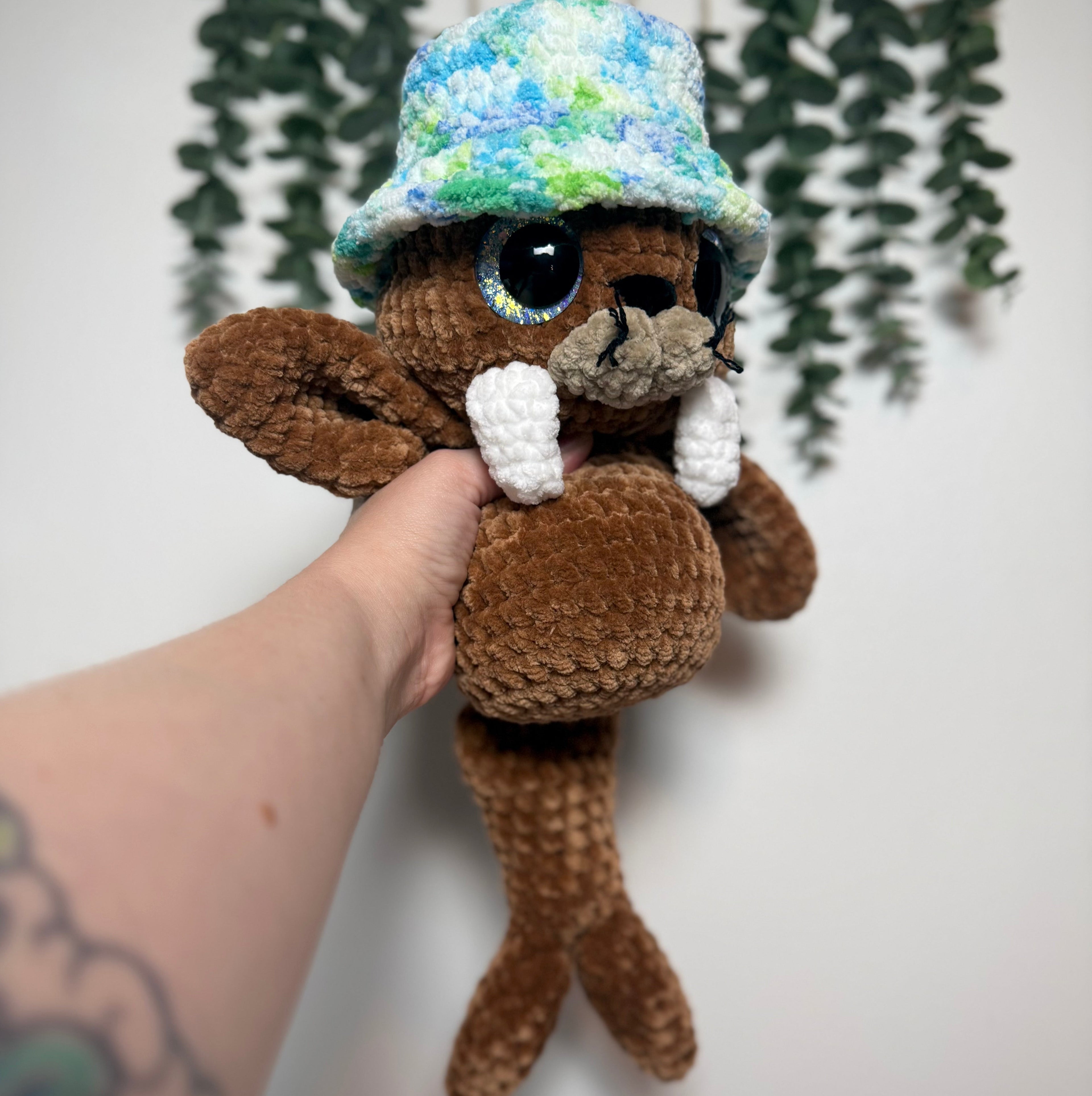 Handmade Crochet Walrus Plush with Bucket Hat | Salty Sea Pups Collection