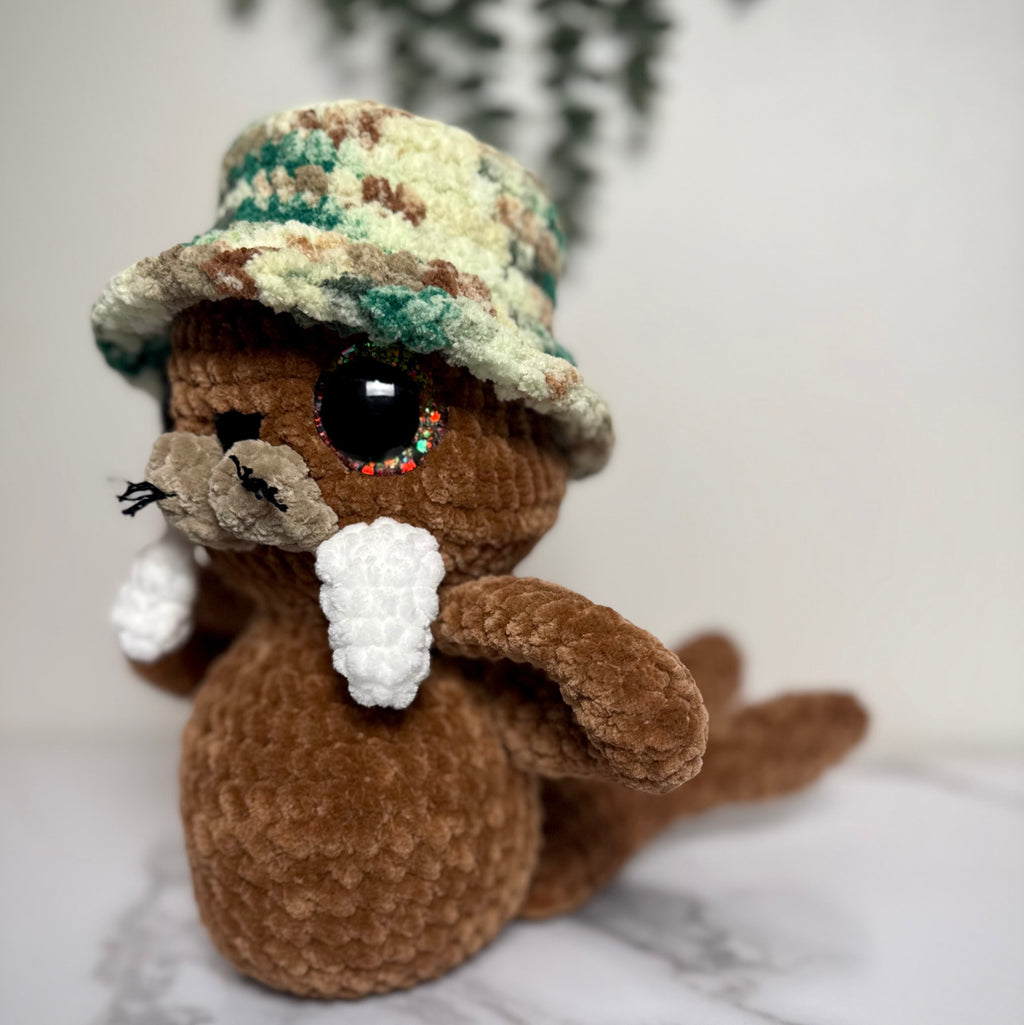 Handmade Crochet Walrus Plush with Bucket Hat | Salty Sea Pups Collection