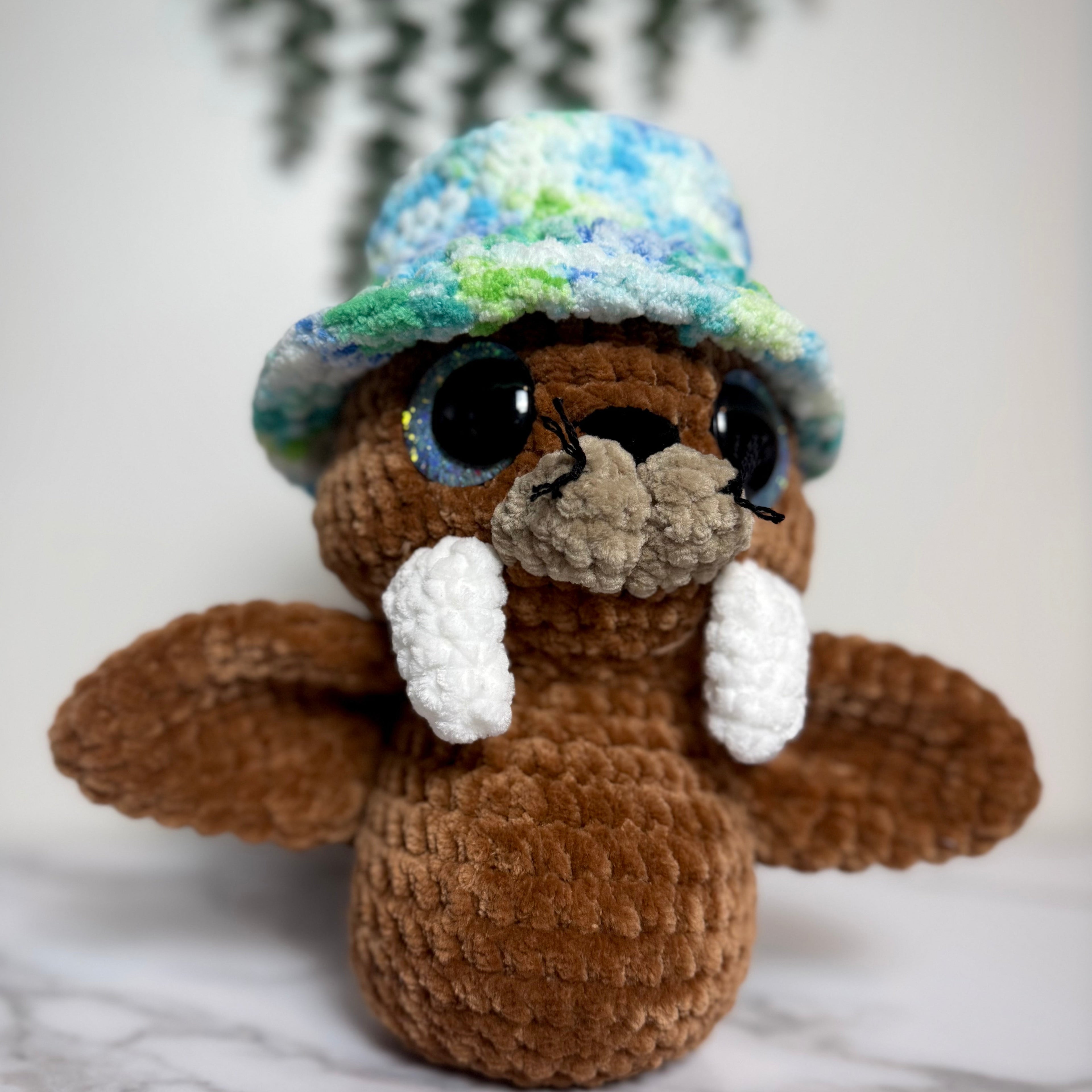 Handmade Crochet Walrus Plush with Bucket Hat | Salty Sea Pups Collection